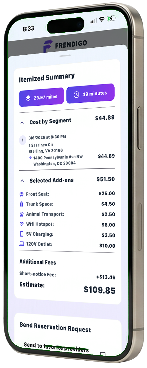 Itemized summary – cost by segment, add-ons, and estimate